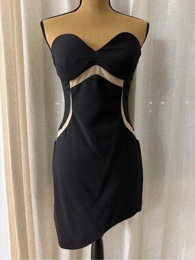 Three Floor Strapless Mini Dress in Black with Mesh See Thru Trim